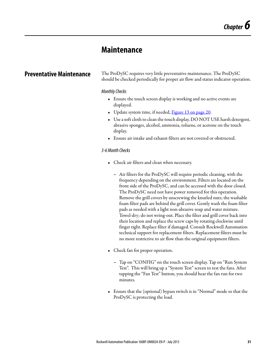 Chapter 6, Maintenance, Preventative maintenance | Monthly checks, 6 month checks, Ch 6- ma, Monthly checks 3-6 month checks, Chapter | Rockwell Automation 1608P ProDySC User Manual, 100/110 A User Manual | Page 31 / 40