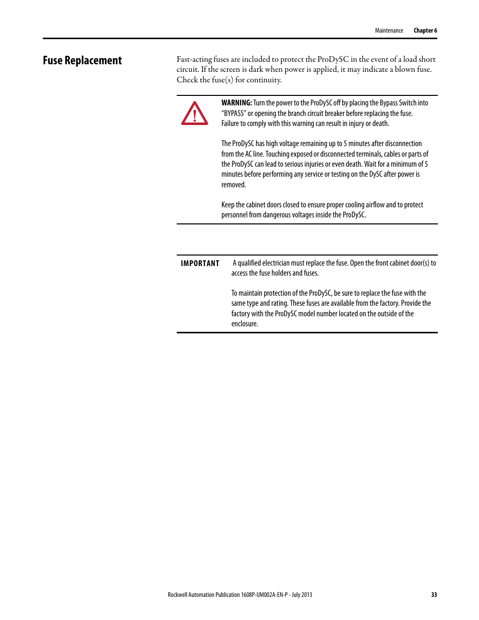 Fuse replacement | Rockwell Automation 1608P ProDySC User Manual, 100/110 A User Manual | Page 33 / 40