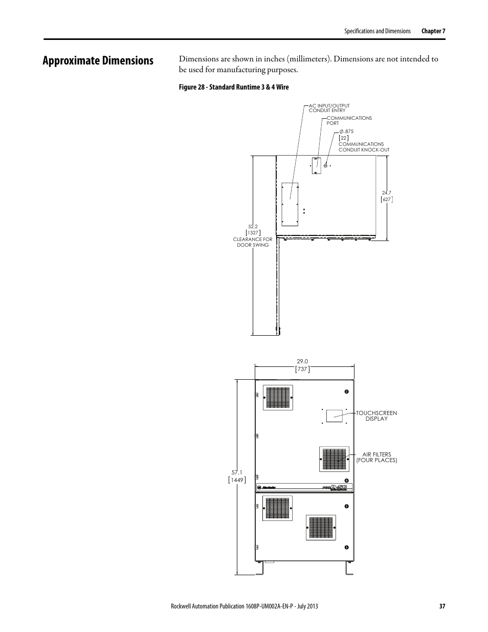 Approximate dimensions, Figure 28 - standard runtime 3 & 4 wire | Rockwell Automation 1608P ProDySC User Manual, 100/110 A User Manual | Page 37 / 40