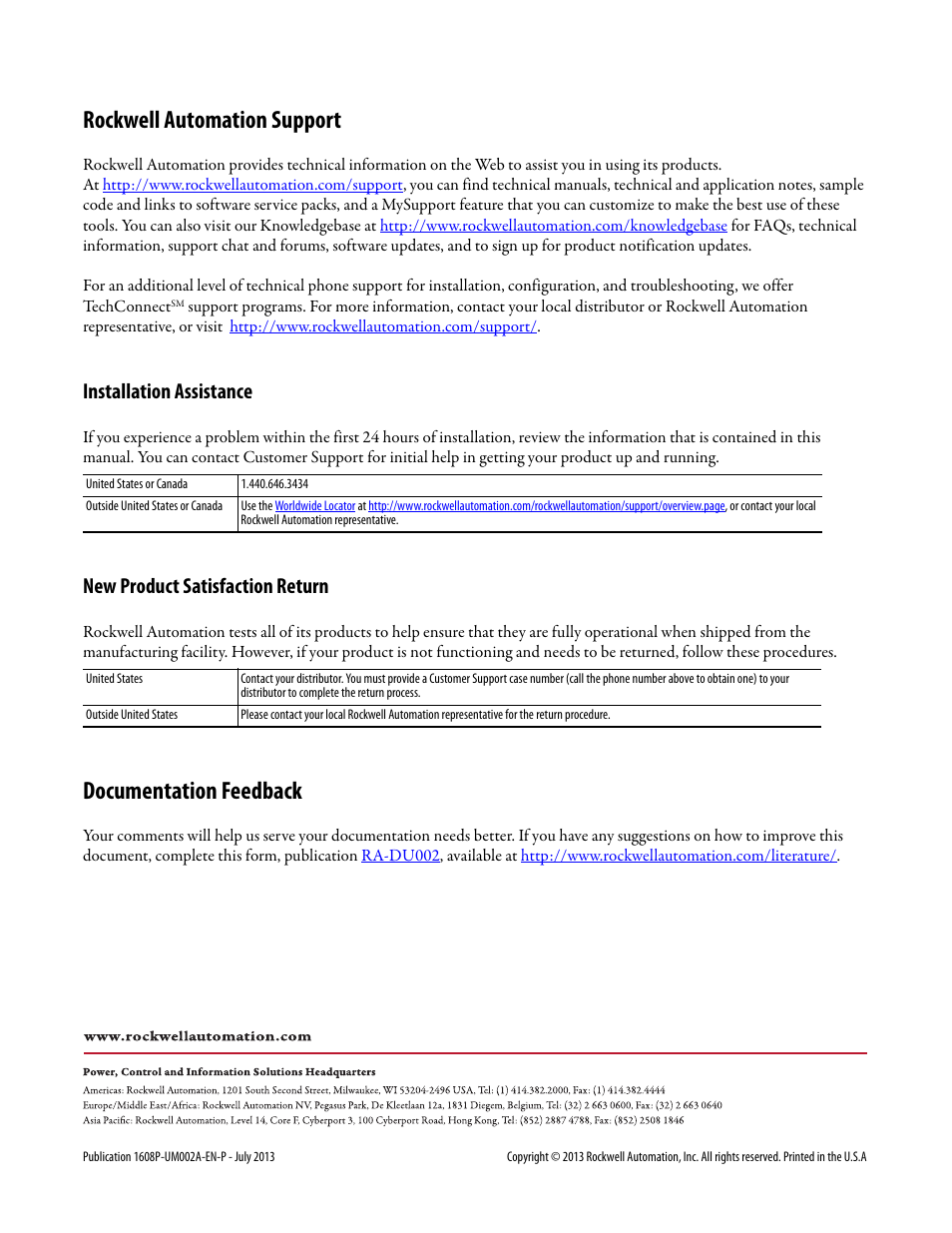 Rockwell automation support, Documentation feedback, Installation assistance | New product satisfaction return | Rockwell Automation 1608P ProDySC User Manual, 100/110 A User Manual | Page 40 / 40