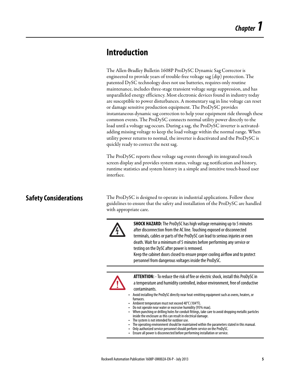 Chapter 1, Introduction, Safety considerations | Ch 1 - introduction, Munications, Intenance, Ifications and dimensions, Chapter | Rockwell Automation 1608P ProDySC User Manual, 100/110 A User Manual | Page 5 / 40