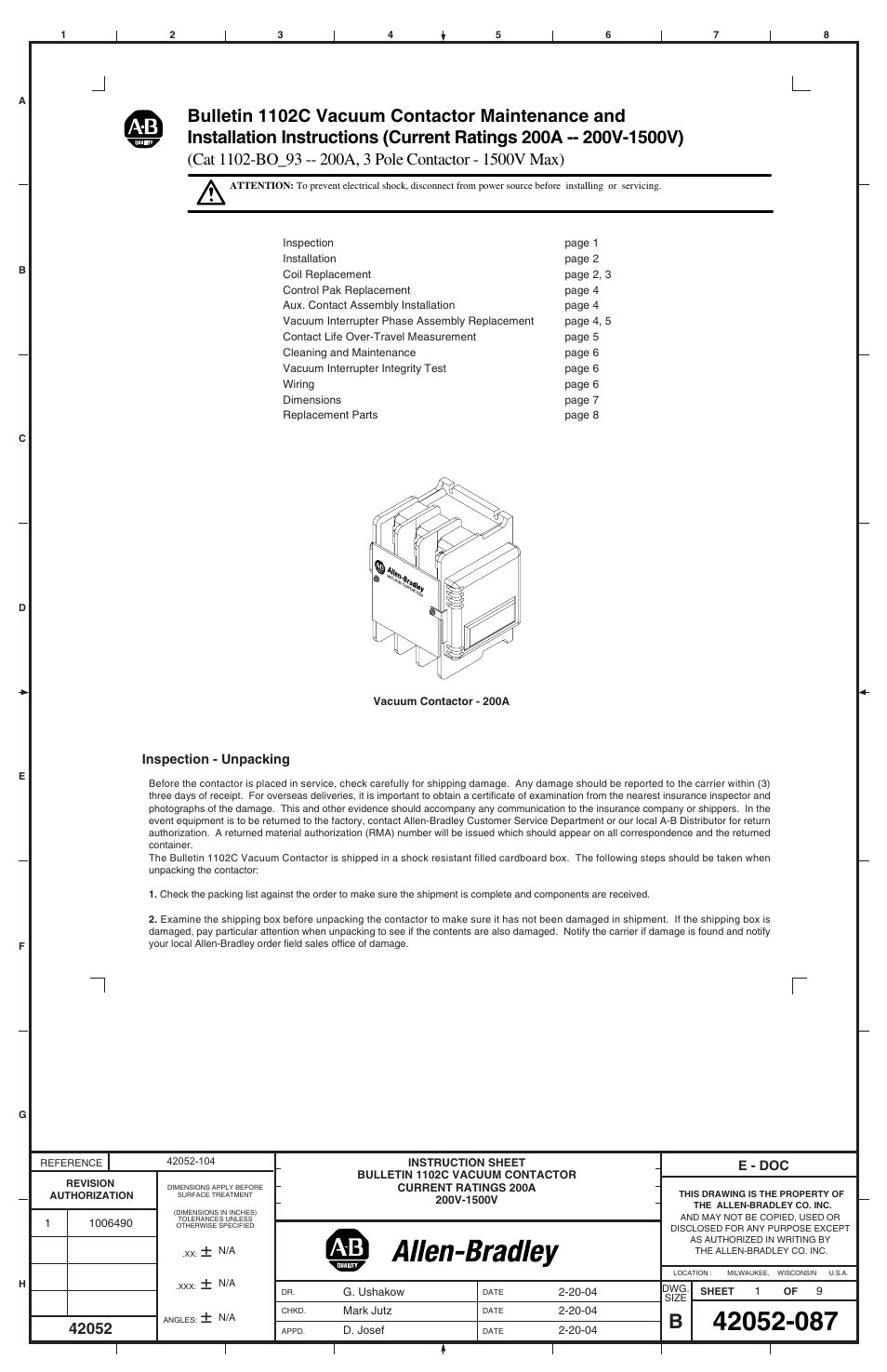 Rockwell Automation 1102C-BOx93 Vacuum Contactor (200A) User Manual | 8 pages