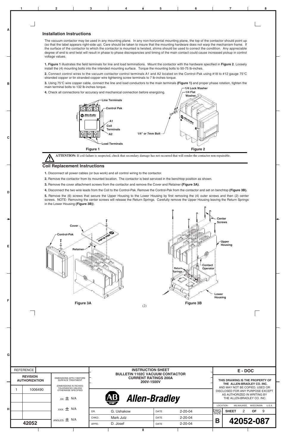 Installation instructions, E - doc, Coil replacement instructions | Rockwell Automation 1102C-BOx93 Vacuum Contactor (200A) User Manual | Page 2 / 8