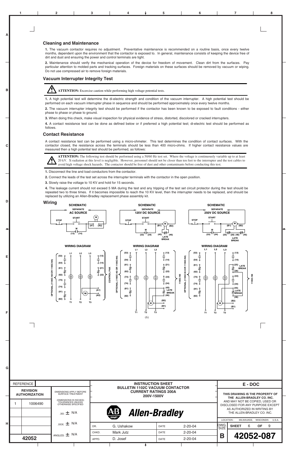 E - doc cleaning and maintenance, Contact resistance, Vacuum interrupter integrity test | Wiring, G. ushakow | Rockwell Automation 1102C-BOx93 Vacuum Contactor (200A) User Manual | Page 6 / 8
