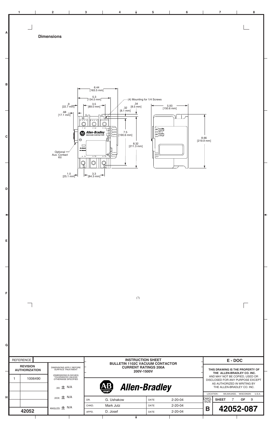 E - doc dimensions, G. ushakow | Rockwell Automation 1102C-BOx93 Vacuum Contactor (200A) User Manual | Page 7 / 8