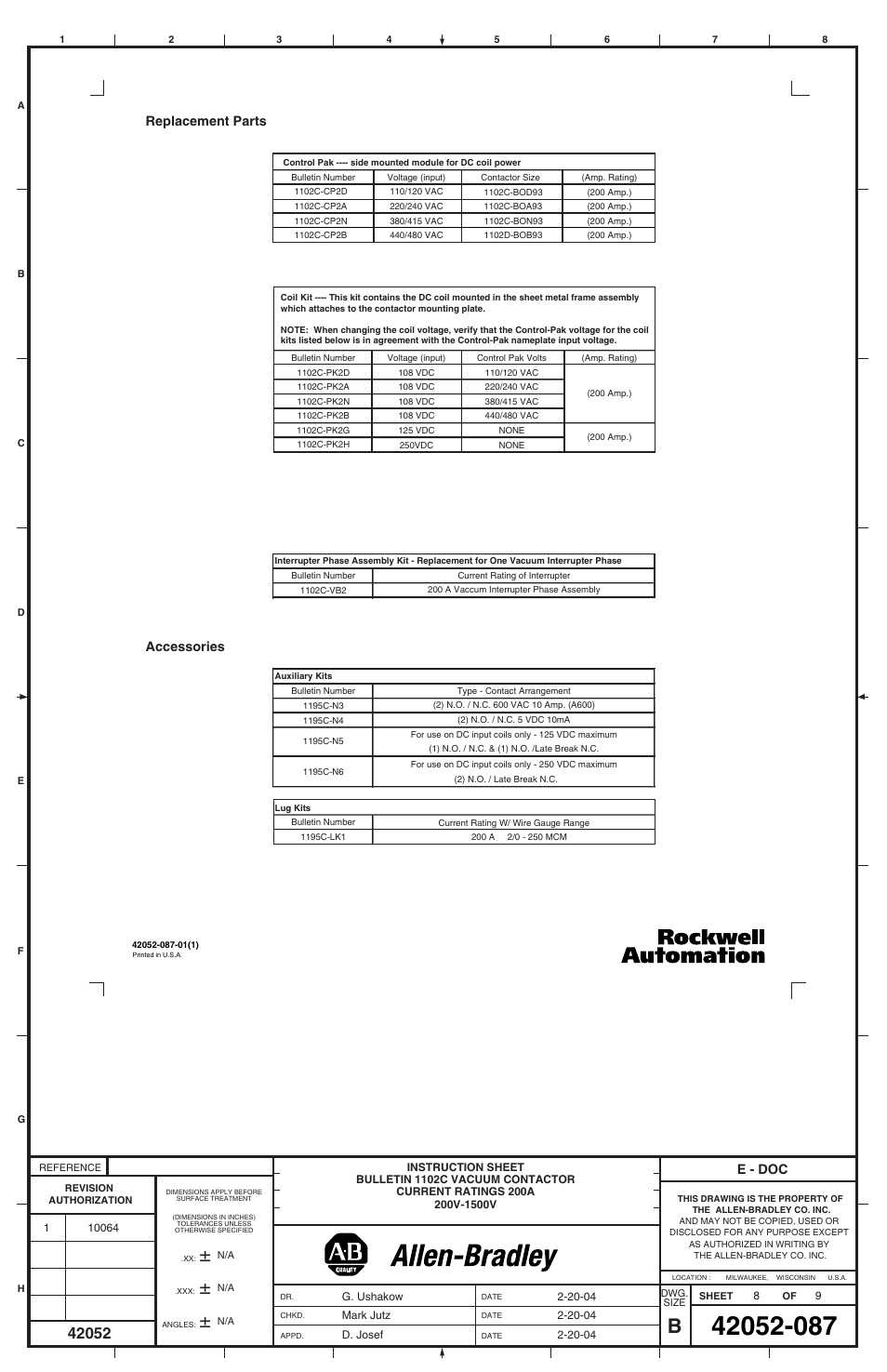 E - doc, Replacement parts accessories | Rockwell Automation 1102C-BOx93 Vacuum Contactor (200A) User Manual | Page 8 / 8