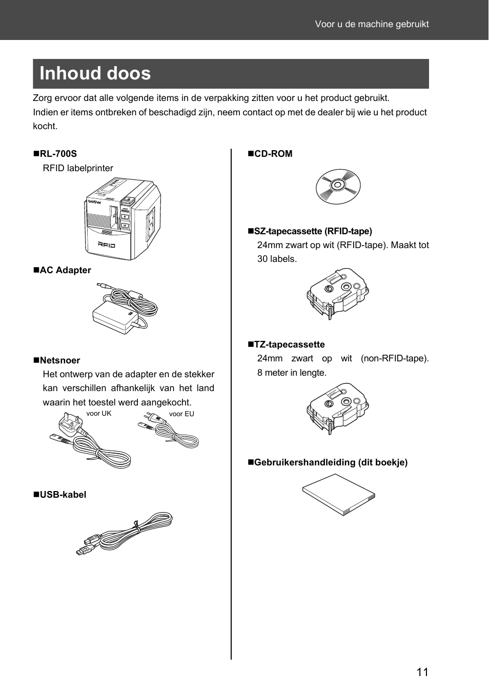 Inhoud doos | Brother P-touch RL-700S User Manual | Page 101 / 181