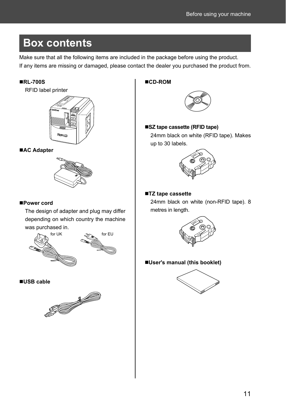 Box contents | Brother P-touch RL-700S User Manual | Page 11 / 181