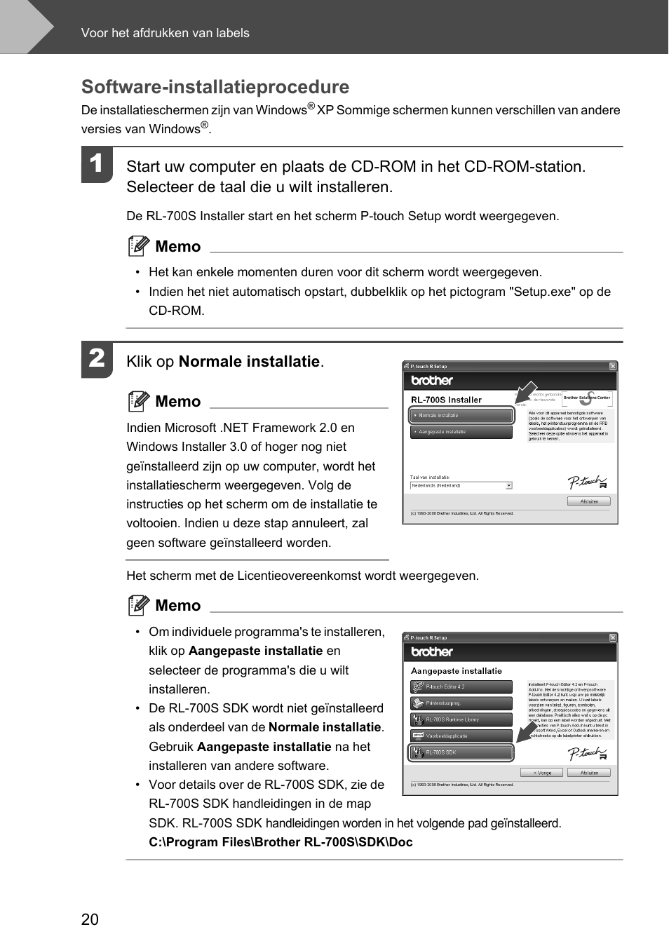 Software-installatieprocedure | Brother P-touch RL-700S User Manual | Page 110 / 181