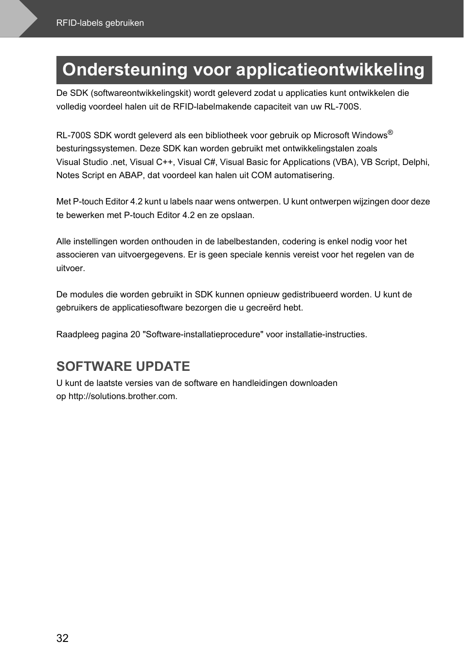 Ondersteuning voor applicatieontwikkeling, Software update | Brother P-touch RL-700S User Manual | Page 122 / 181