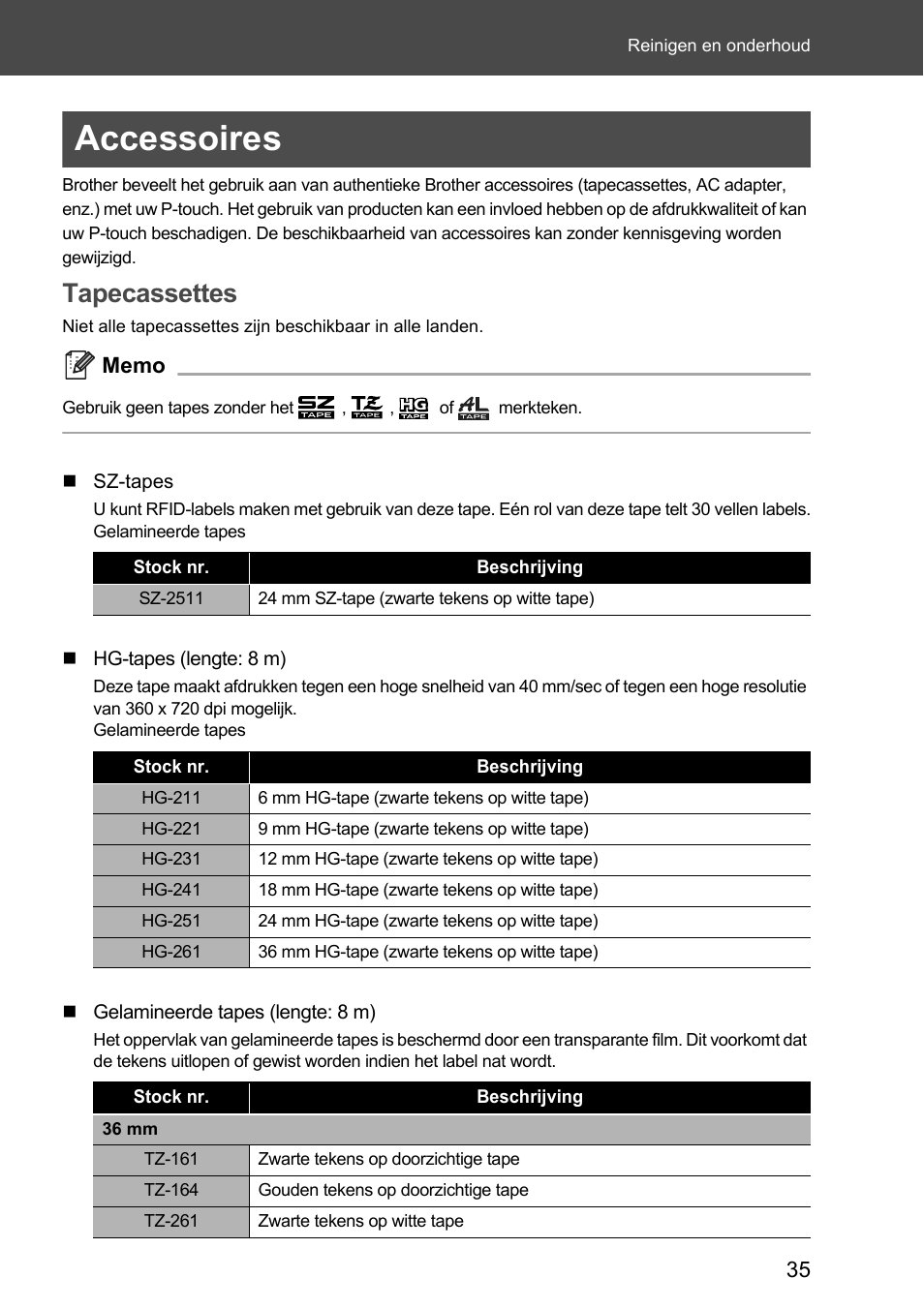 Accessoires, Tapecassettes | Brother P-touch RL-700S User Manual | Page 125 / 181