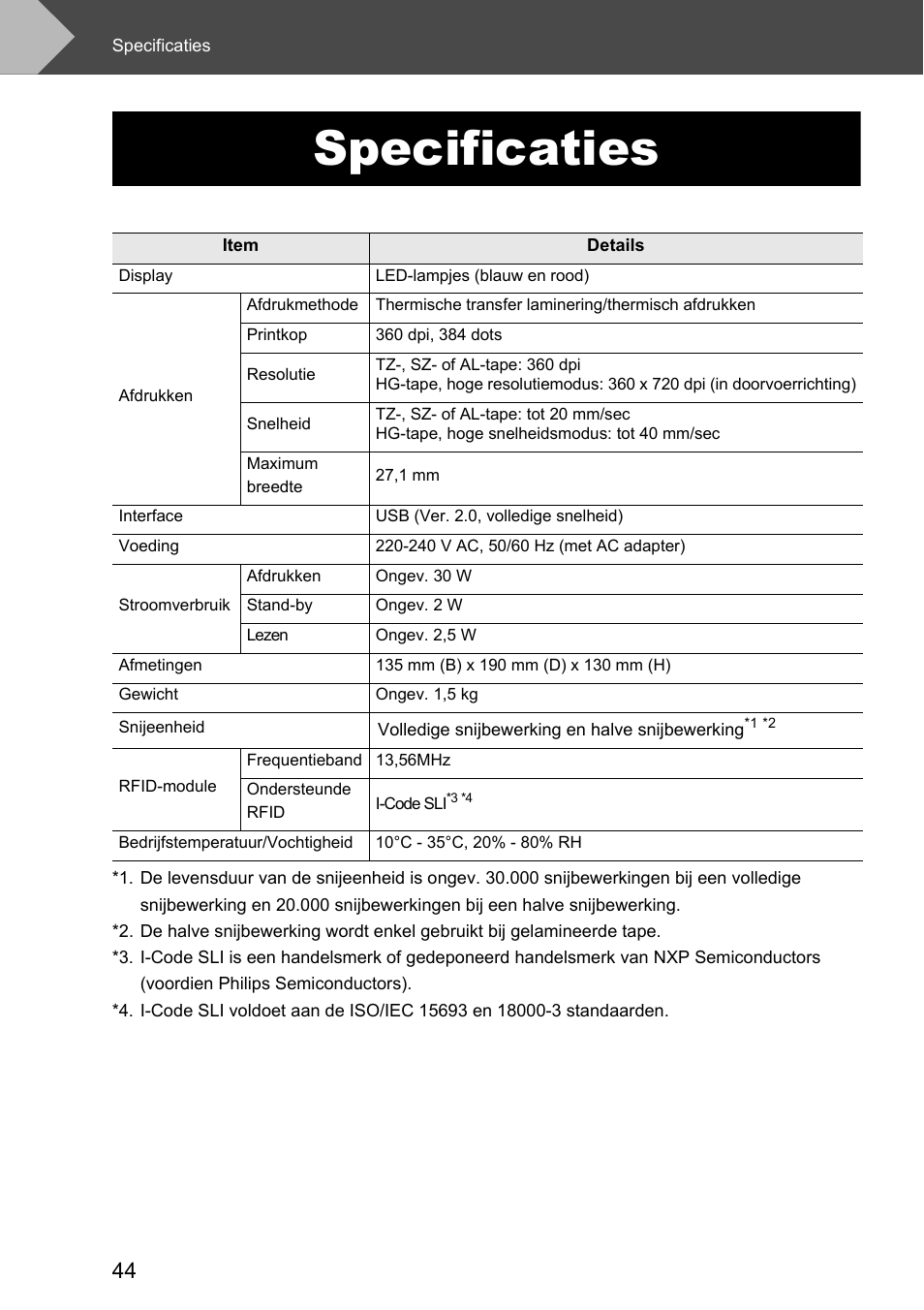 Specificaties | Brother P-touch RL-700S User Manual | Page 134 / 181