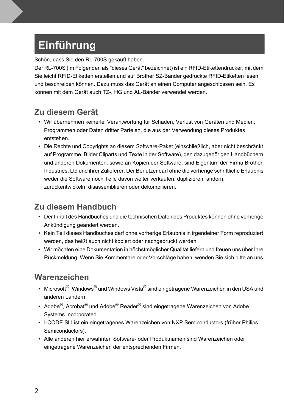 Einführung, Zu diesem gerät, Zu diesem handbuch | Warenzeichen | Brother P-touch RL-700S User Manual | Page 137 / 181