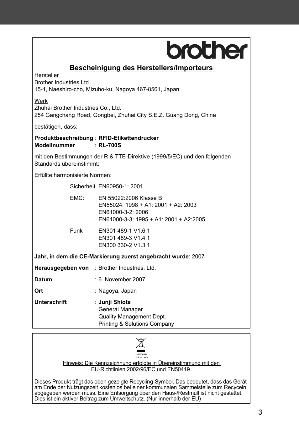 Bescheinigung des herstellers/importeurs | Brother P-touch RL-700S User Manual | Page 138 / 181