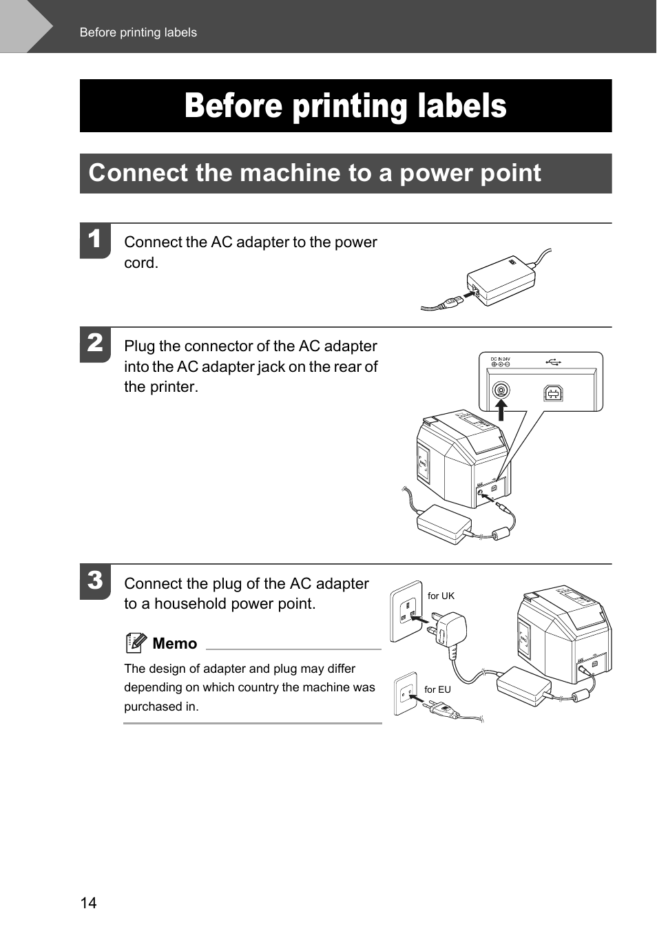 Before printing labels, Connect the machine to a power point, Connect the machine to a power point 1 | Brother P-touch RL-700S User Manual | Page 14 / 181