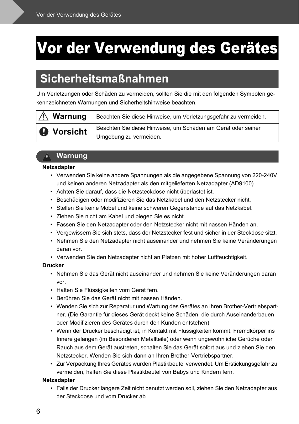 Vor der verwendung des gerätes, Sicherheitsmaßnahmen, Vorsicht | Brother P-touch RL-700S User Manual | Page 141 / 181