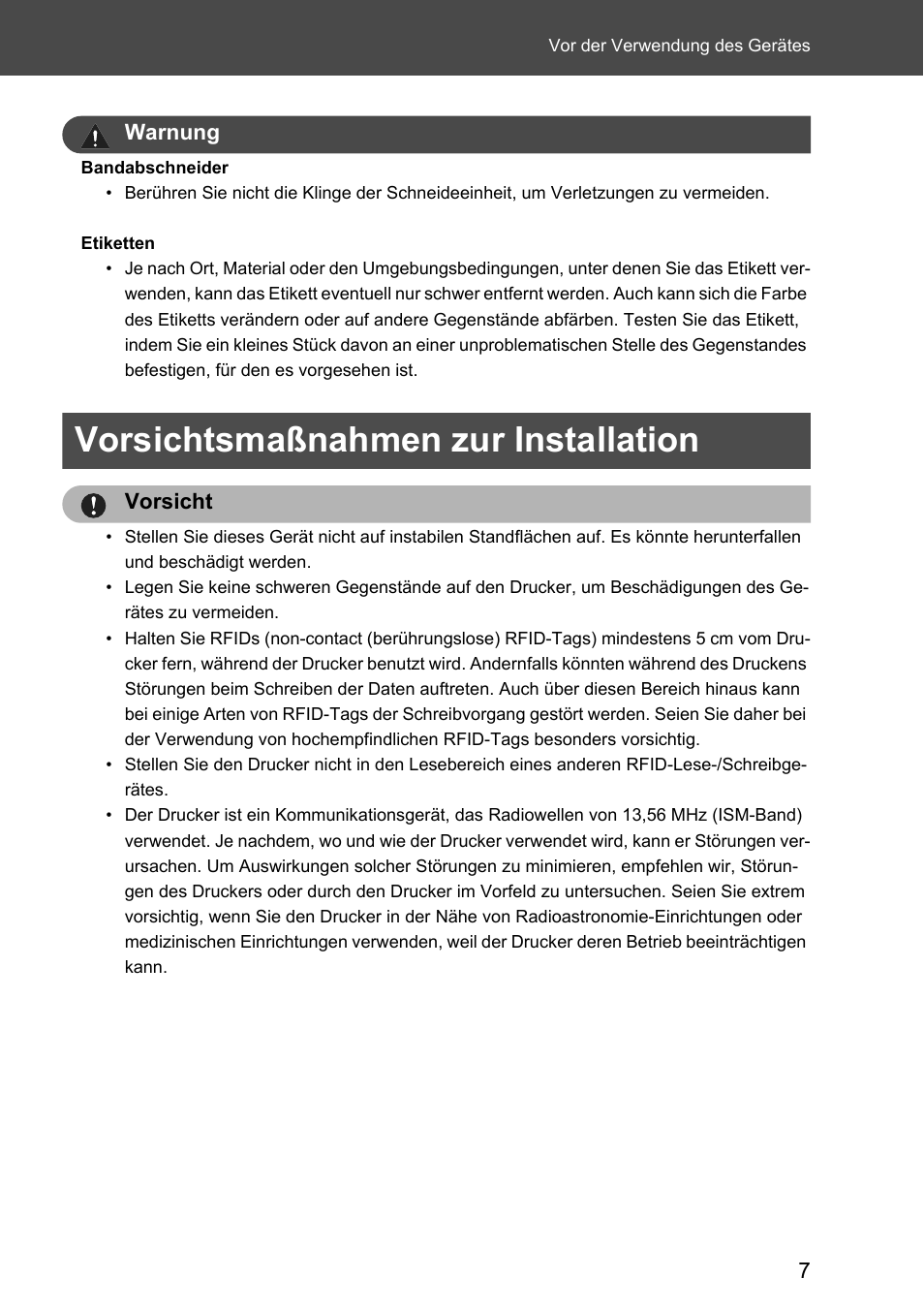 Vorsichtsmaßnahmen zur installation | Brother P-touch RL-700S User Manual | Page 142 / 181