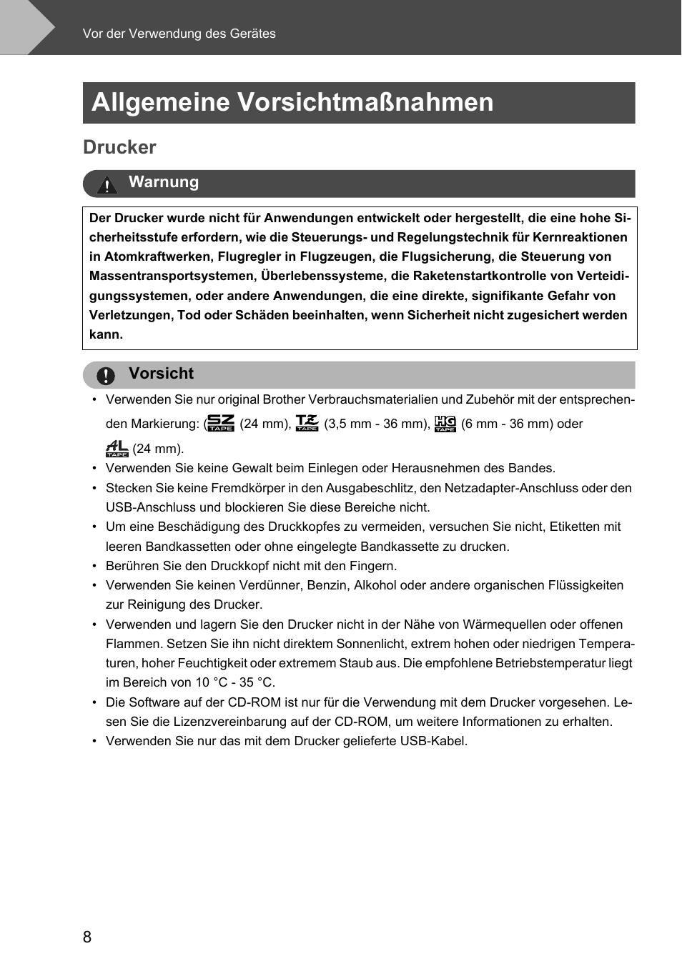 Allgemeine vorsichtmaßnahmen, Drucker | Brother P-touch RL-700S User Manual | Page 143 / 181