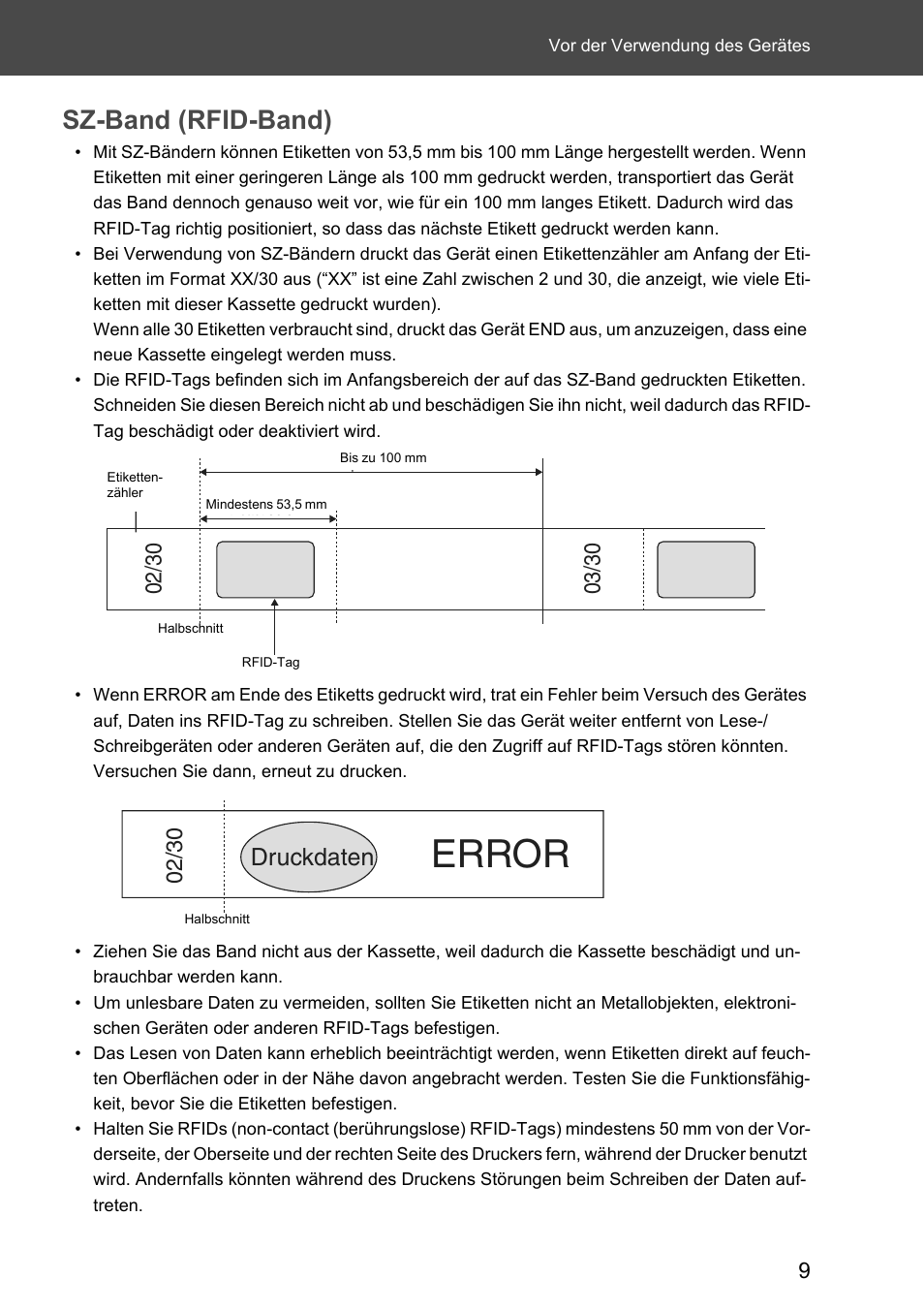 Sz-band (rfid-band), Error, Druckdaten | Brother P-touch RL-700S User Manual | Page 144 / 181