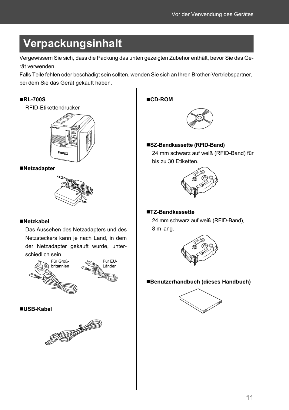 Verpackungsinhalt | Brother P-touch RL-700S User Manual | Page 146 / 181