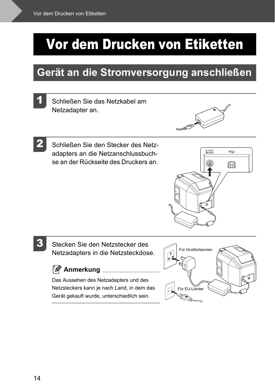 Vor dem drucken von etiketten, Gerät an die stromversorgung anschließen, Gerät an die stromversorgung anschließen 1 | Brother P-touch RL-700S User Manual | Page 149 / 181