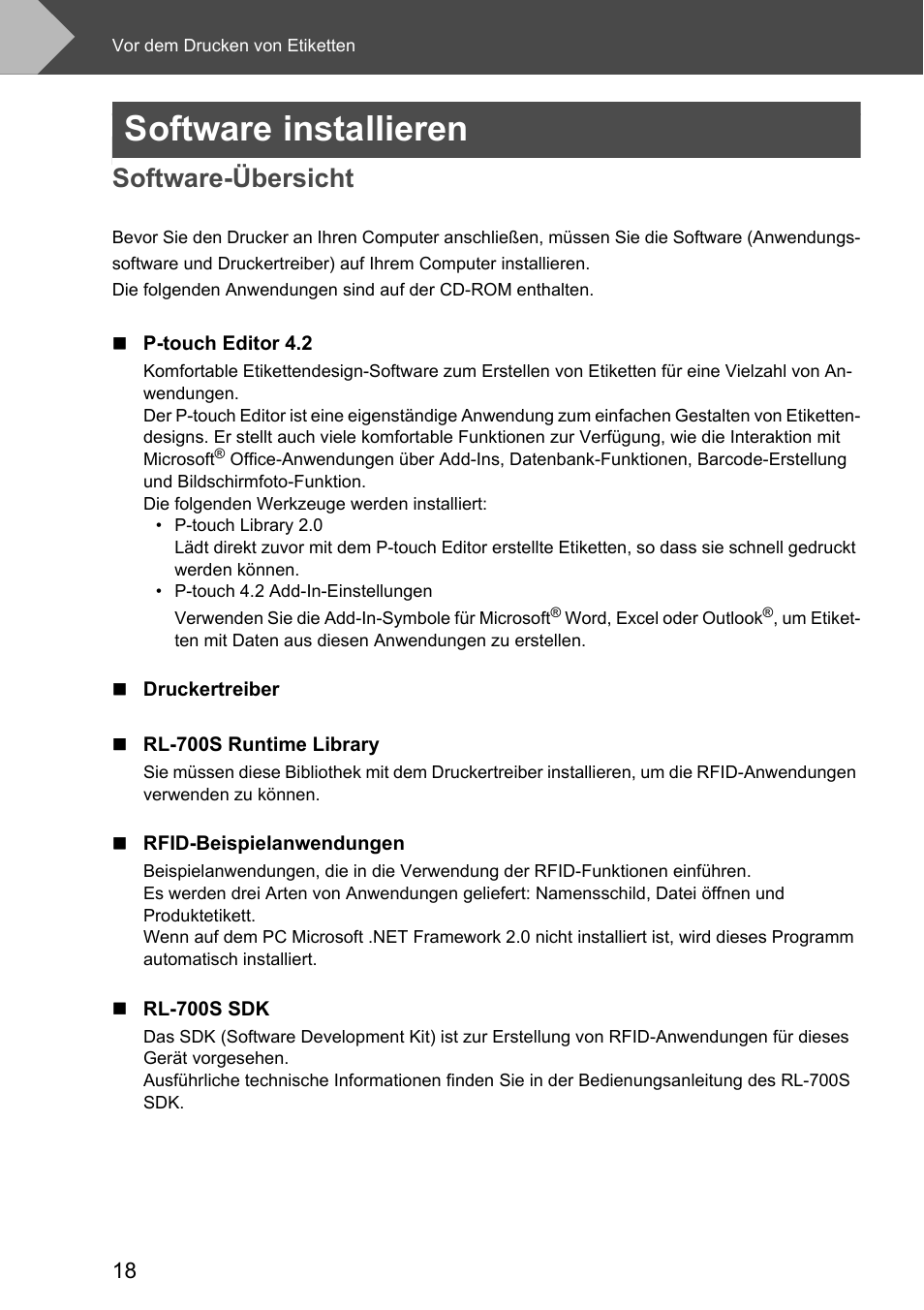 Software installieren, Software-übersicht | Brother P-touch RL-700S User Manual | Page 153 / 181