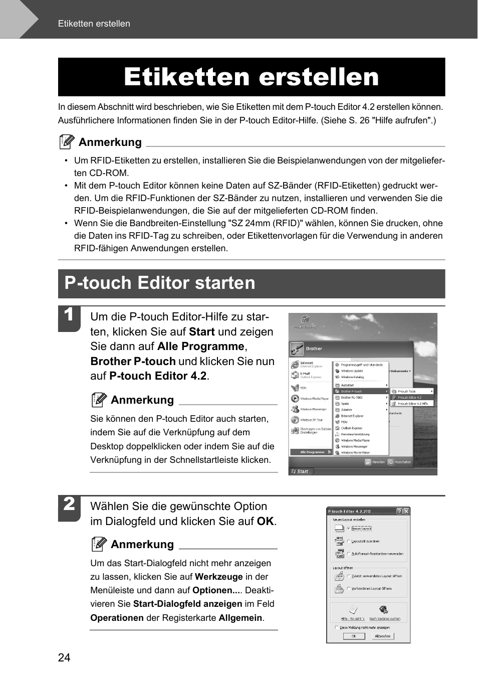 Etiketten erstellen, P-touch editor starten, P-touch editor starten 1 | Brother P-touch RL-700S User Manual | Page 159 / 181