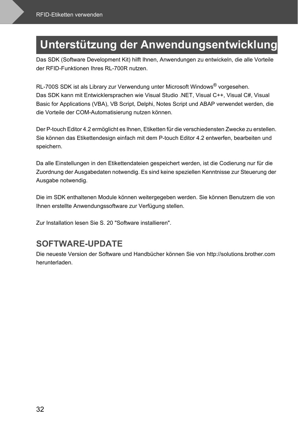 Unterstützung der anwendungsentwicklung, Software-update | Brother P-touch RL-700S User Manual | Page 167 / 181