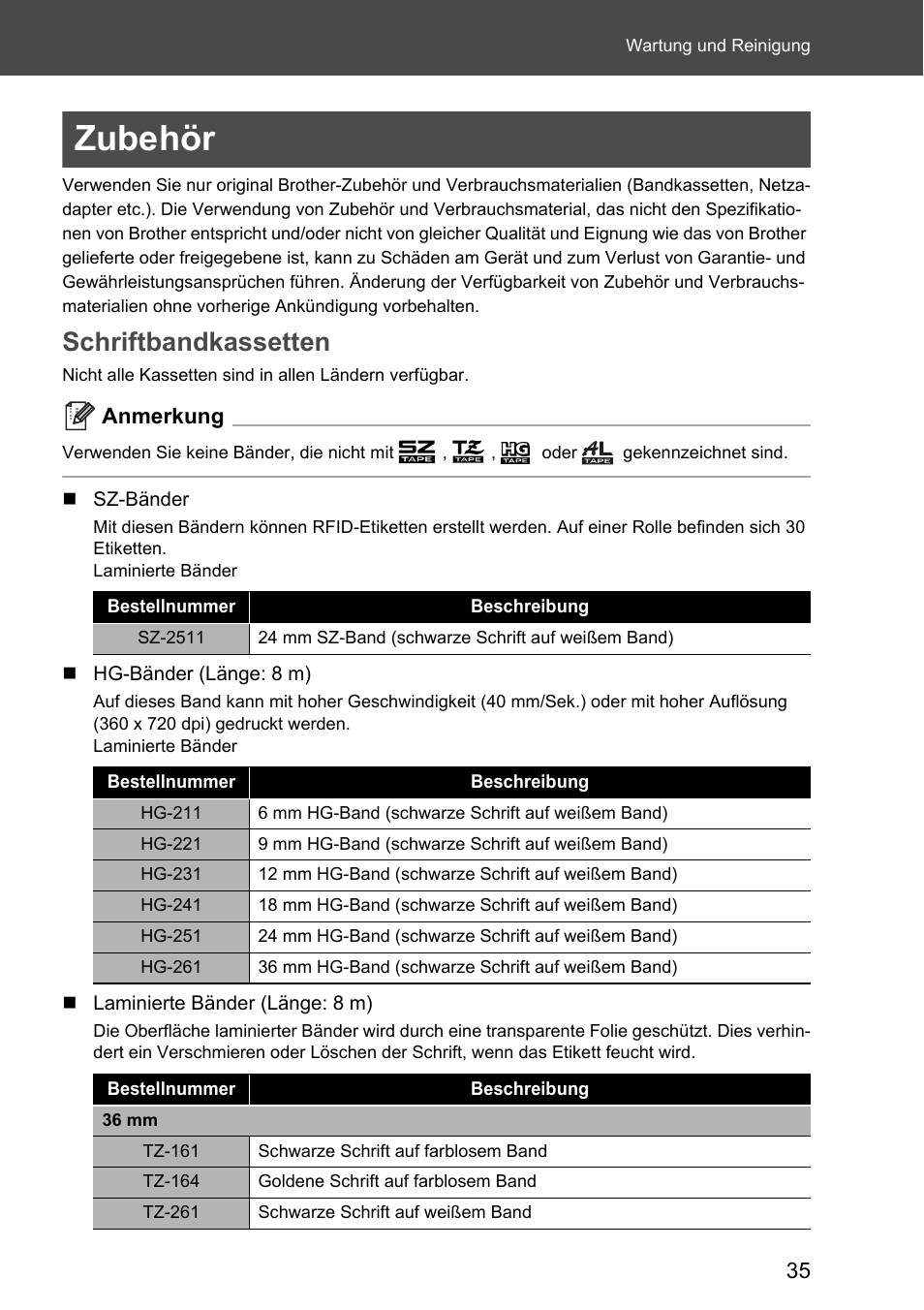 Zubehör, Schriftbandkassetten | Brother P-touch RL-700S User Manual | Page 170 / 181