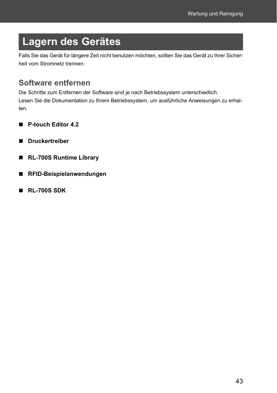 Lagern des gerätes, Software entfernen | Brother P-touch RL-700S User Manual | Page 178 / 181