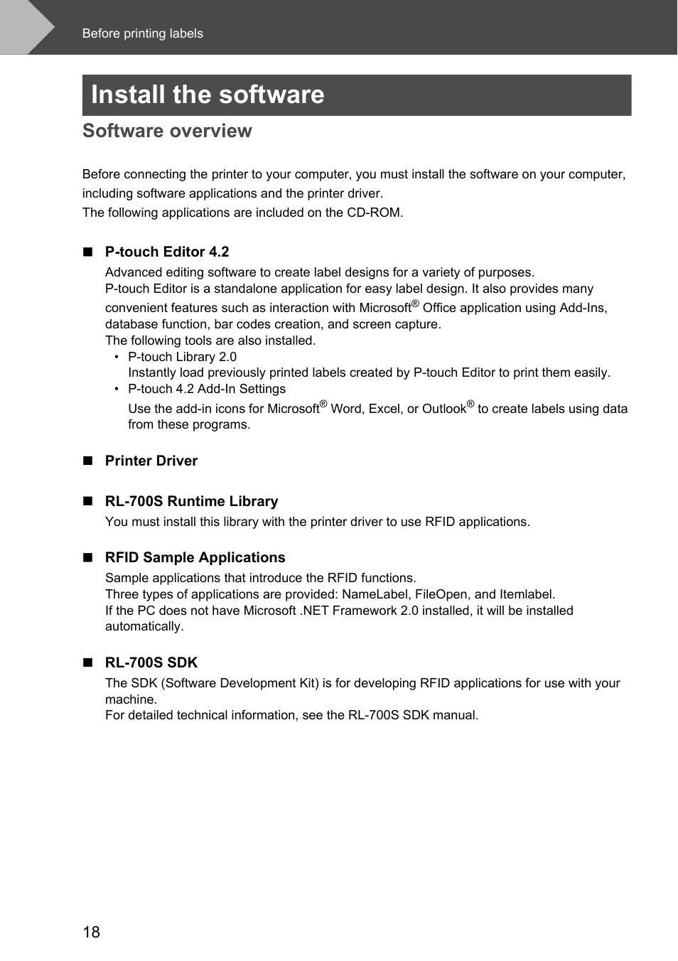 Install the software, Software overview | Brother P-touch RL-700S User Manual | Page 18 / 181