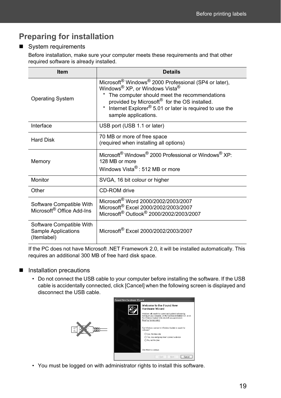 Preparing for installation | Brother P-touch RL-700S User Manual | Page 19 / 181