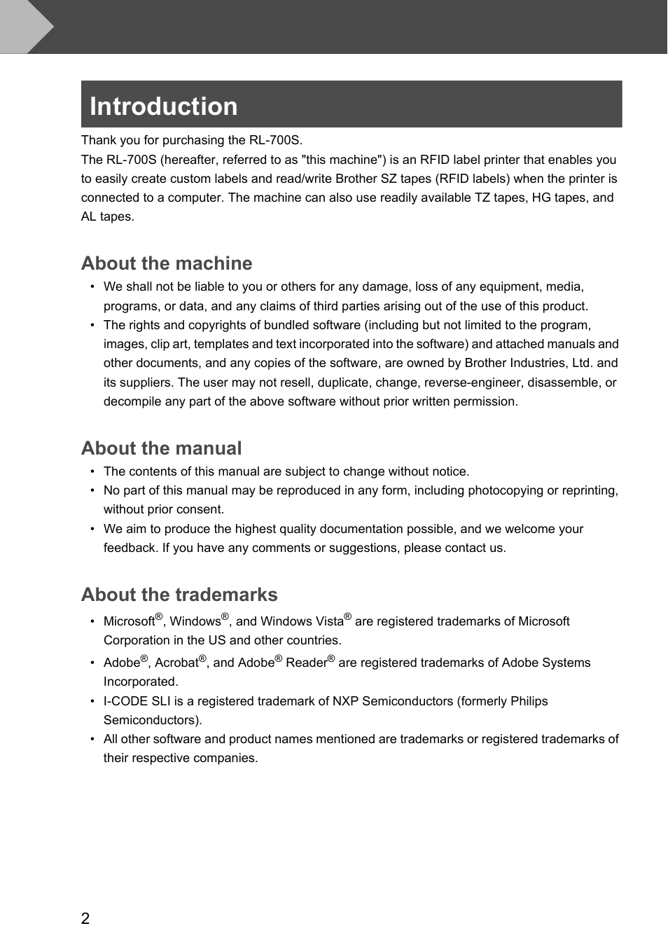 Introduction, About the machine, About the manual | About the trademarks | Brother P-touch RL-700S User Manual | Page 2 / 181