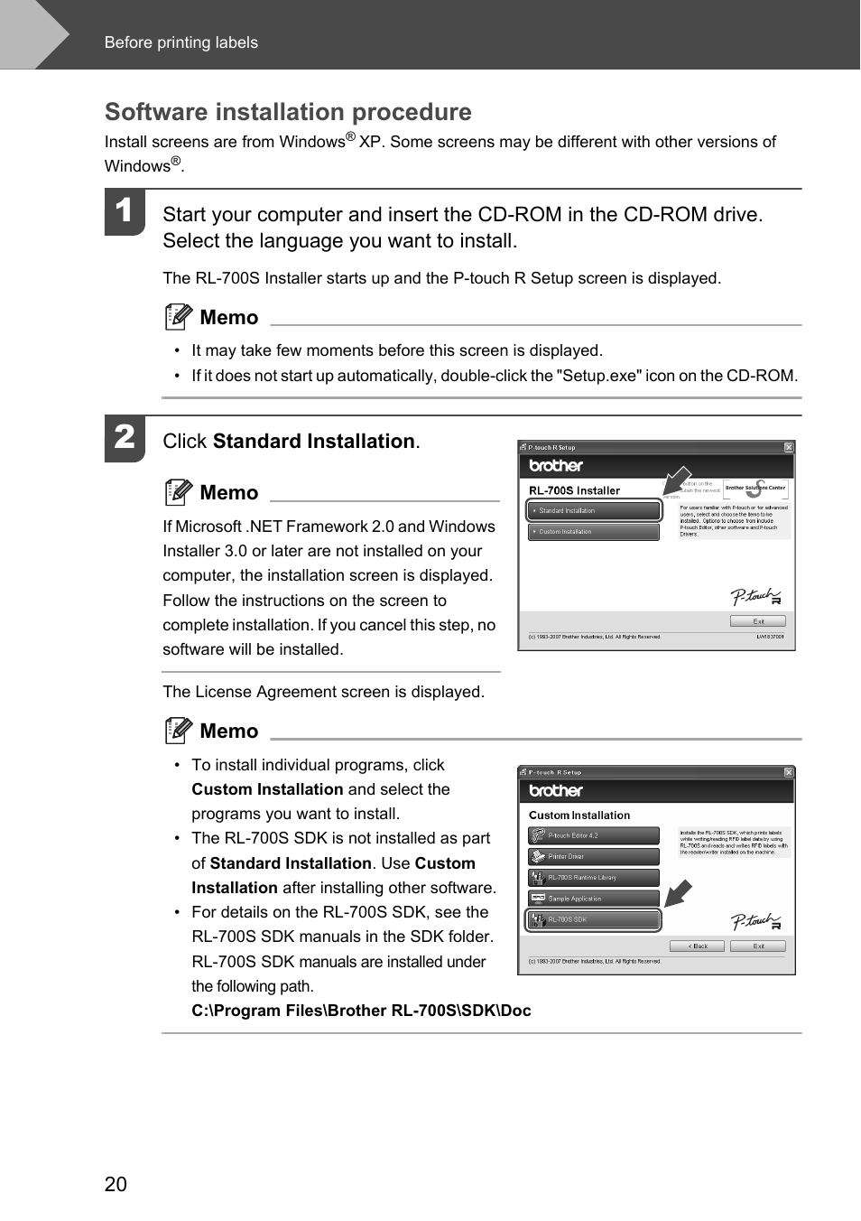 Software installation procedure | Brother P-touch RL-700S User Manual | Page 20 / 181