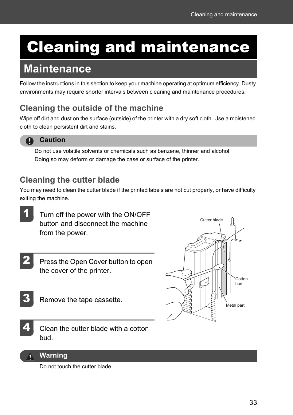 Cleaning and maintenance, Maintenance, Cleaning the outside of the machine | Cleaning the cutter blade | Brother P-touch RL-700S User Manual | Page 33 / 181