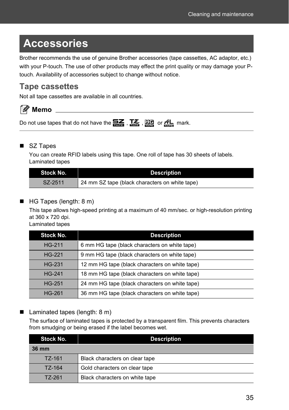 Accessories, Tape cassettes | Brother P-touch RL-700S User Manual | Page 35 / 181