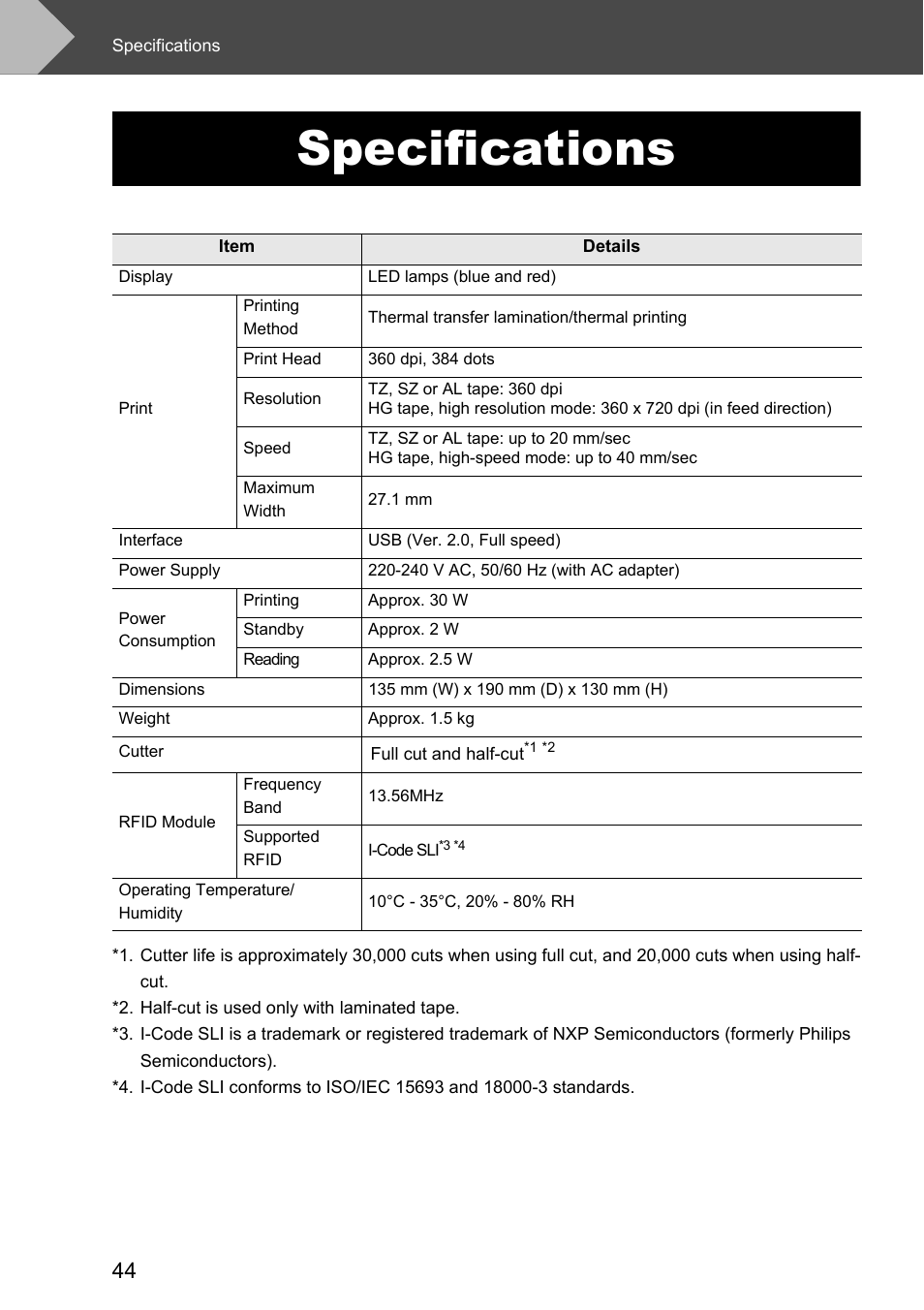 Specifications | Brother P-touch RL-700S User Manual | Page 44 / 181