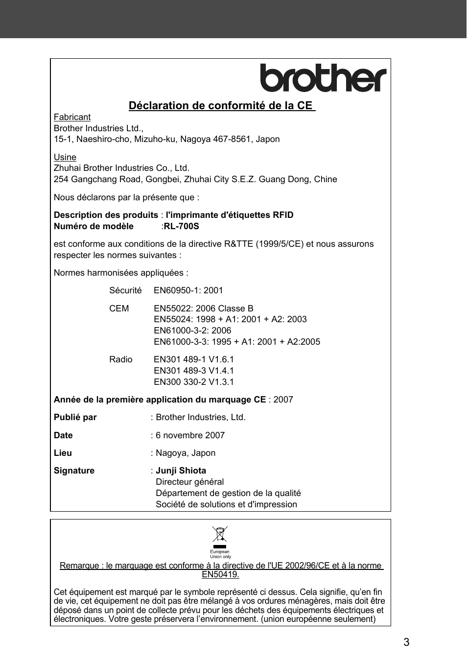 Déclaration de conformité de la ce | Brother P-touch RL-700S User Manual | Page 48 / 181