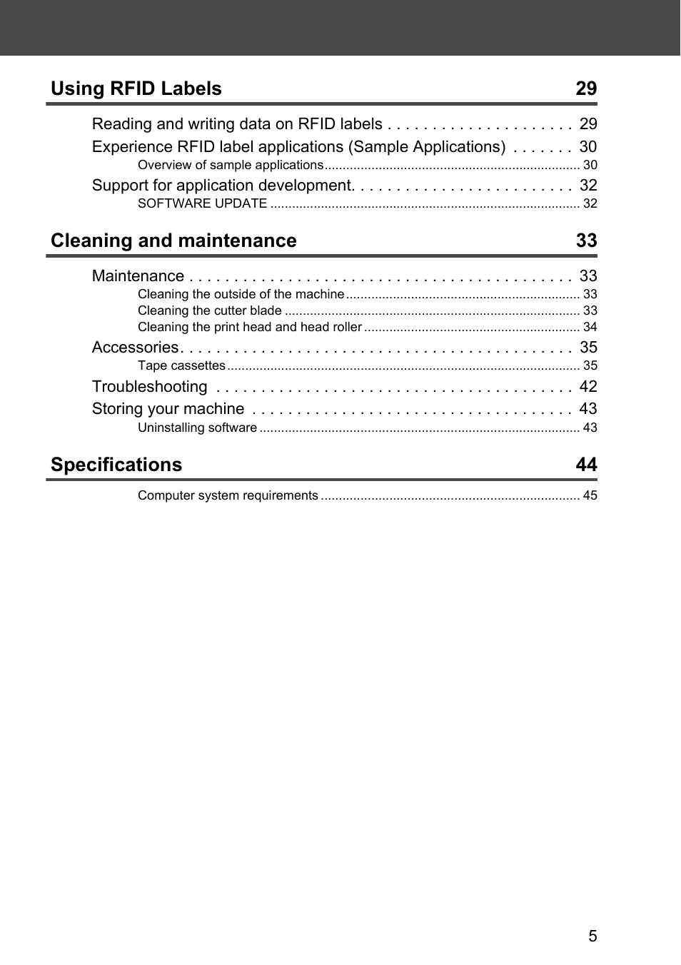 Using rfid labels 29, Cleaning and maintenance 33, Specifications 44 | Brother P-touch RL-700S User Manual | Page 5 / 181