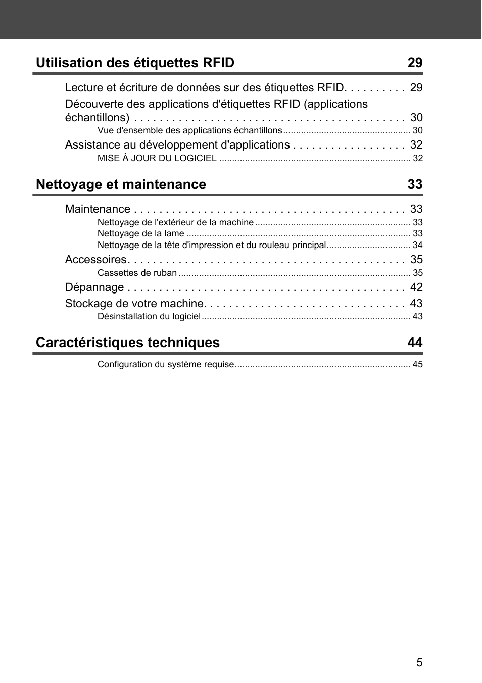 Utilisation des étiquettes rfid 29, Nettoyage et maintenance 33, Caractéristiques techniques 44 | Brother P-touch RL-700S User Manual | Page 50 / 181