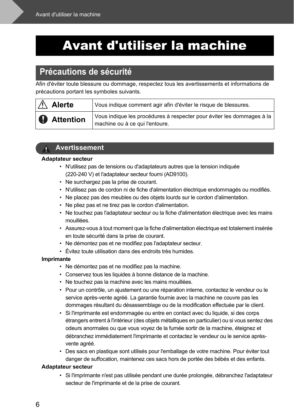 Avant d'utiliser la machine, Précautions de sécurité, Alerte | Attention | Brother P-touch RL-700S User Manual | Page 51 / 181