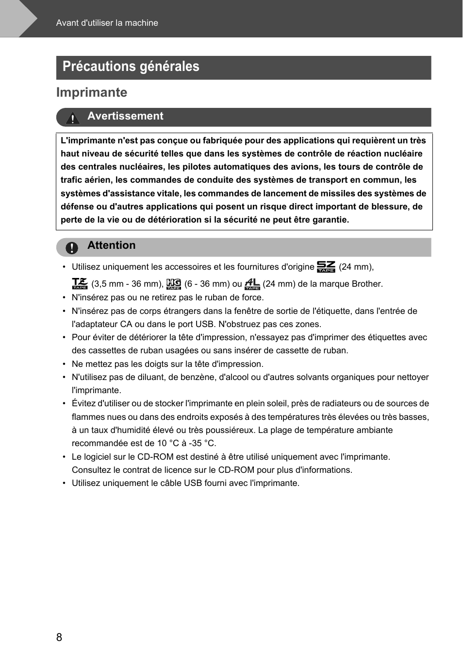 Précautions générales, Imprimante | Brother P-touch RL-700S User Manual | Page 53 / 181