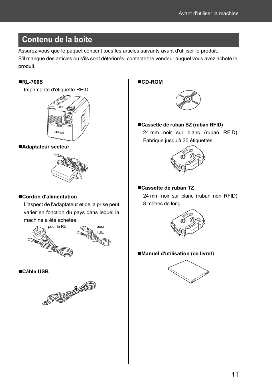 Contenu de la boîte | Brother P-touch RL-700S User Manual | Page 56 / 181