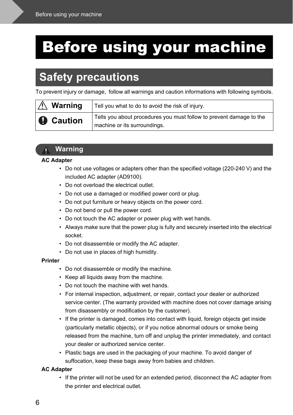 Before using your machine, Safety precautions, Caution | Brother P-touch RL-700S User Manual | Page 6 / 181