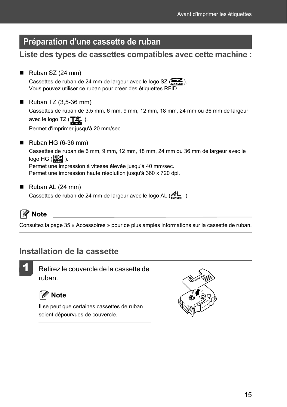 Préparation d'une cassette de ruban, Installation de la cassette | Brother P-touch RL-700S User Manual | Page 60 / 181