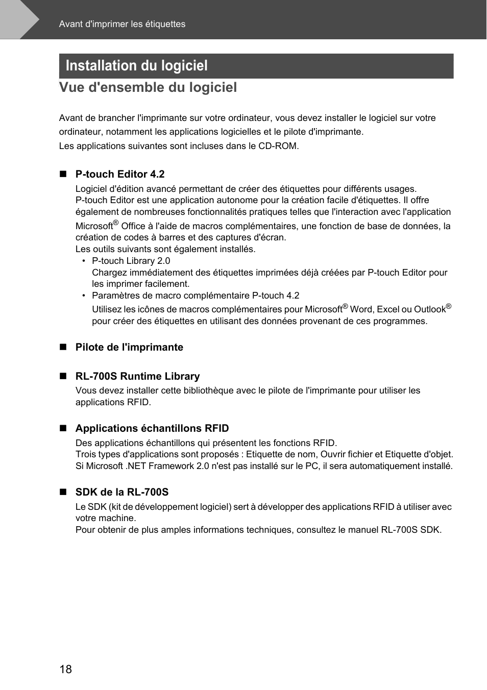 Installation du logiciel, Vue d'ensemble du logiciel | Brother P-touch RL-700S User Manual | Page 63 / 181