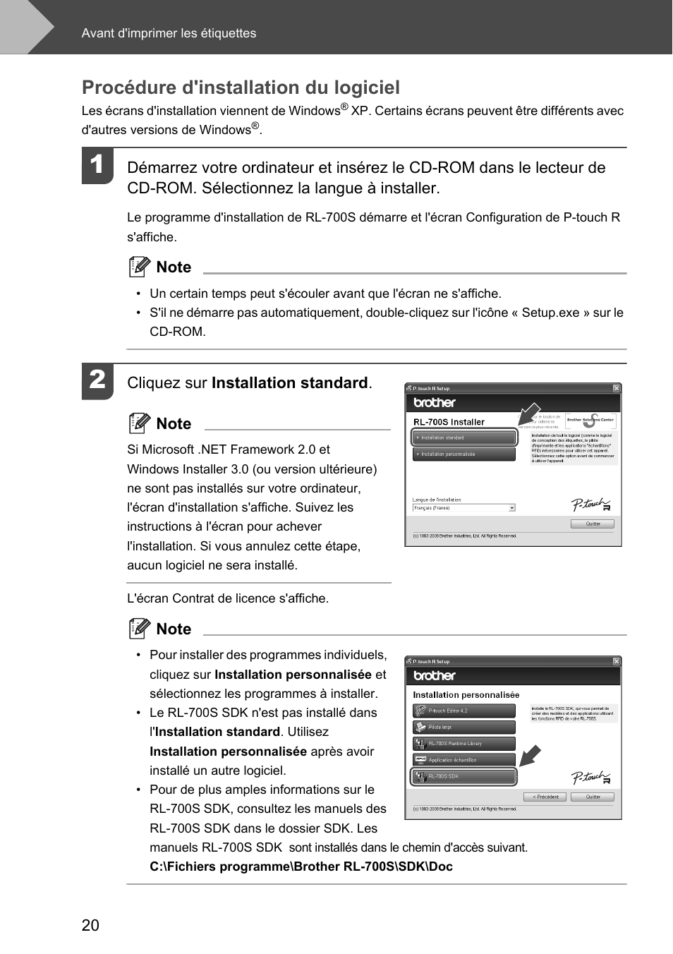 Procédure d'installation du logiciel | Brother P-touch RL-700S User Manual | Page 65 / 181
