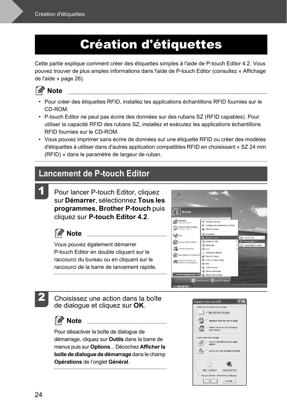 Création d'étiquettes, Lancement de p-touch editor | Brother P-touch RL-700S User Manual | Page 69 / 181