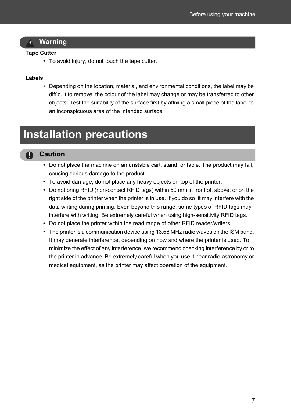 Installation precautions | Brother P-touch RL-700S User Manual | Page 7 / 181