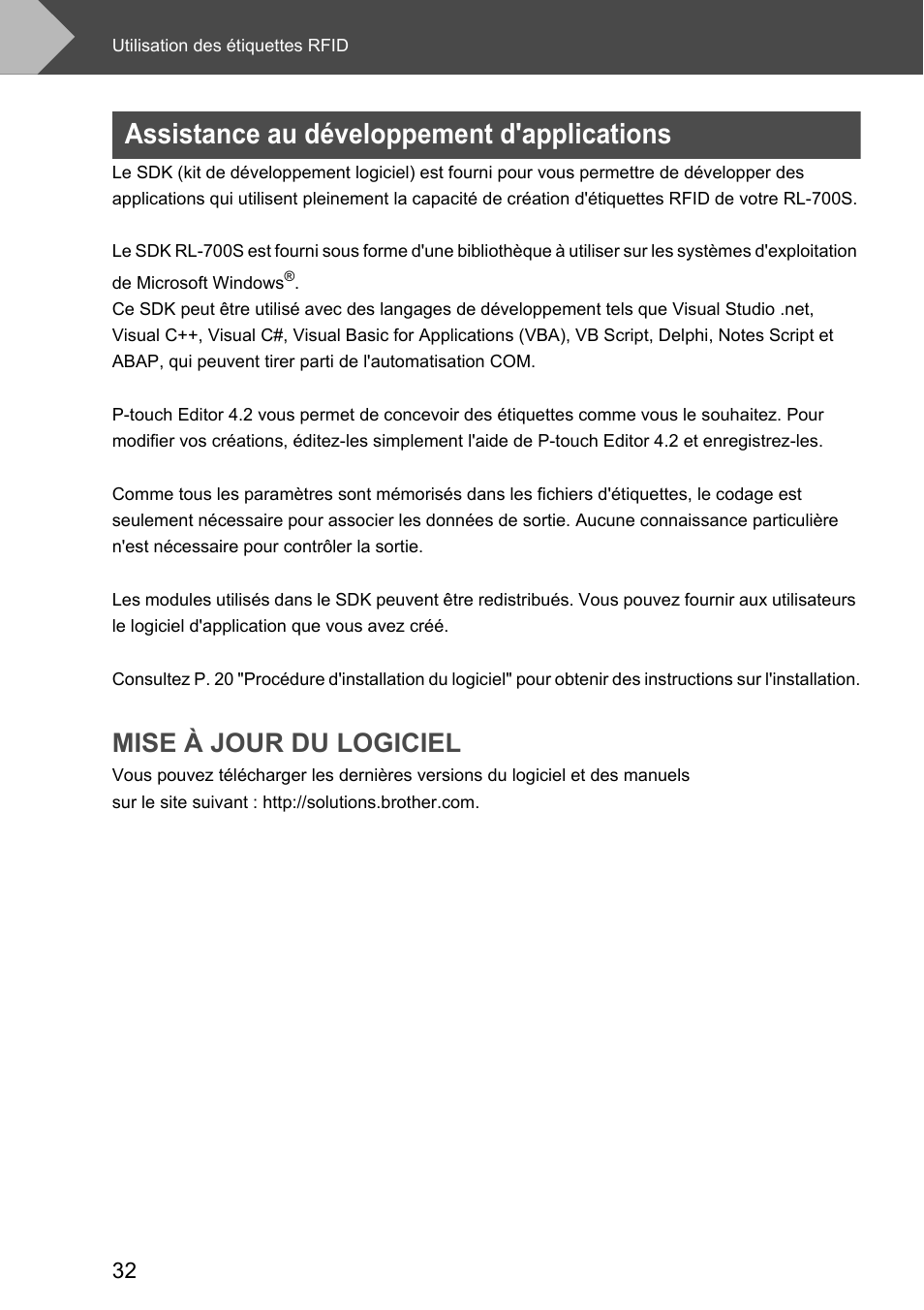 Assistance au développement d'applications, Mise à jour du logiciel | Brother P-touch RL-700S User Manual | Page 77 / 181